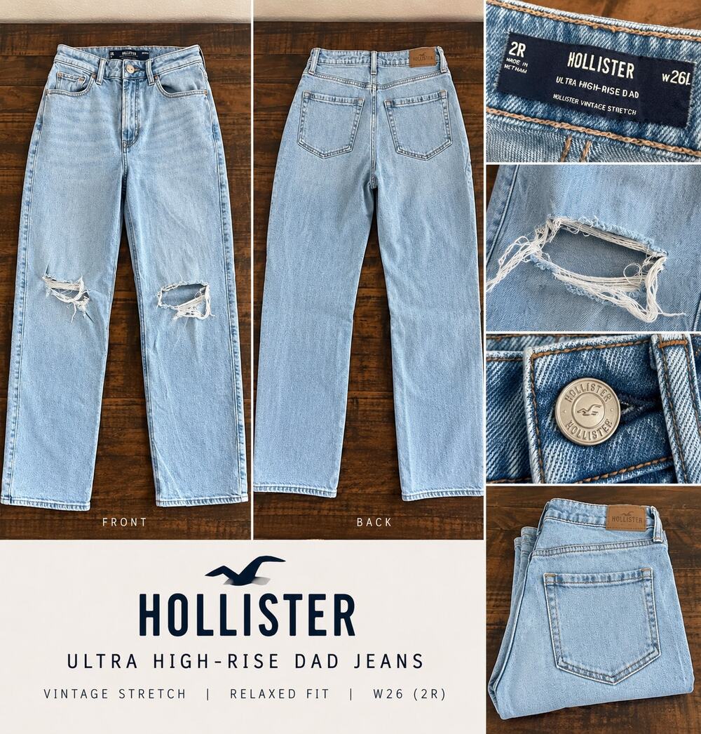 Hollister Ultra High Rise Dad Jeans Women's 2R W26 Light Wash Distressed Ripped